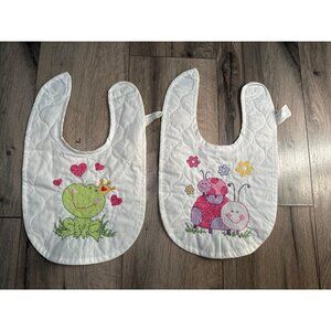 Set Of 2 Handmade Embroidered Baby Bibs With Frog & Ladybug Designs